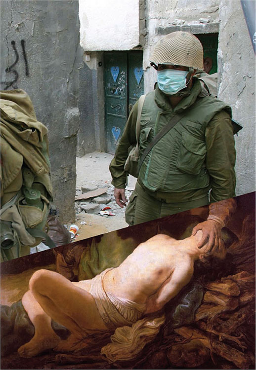Fig. 1. Rembrandt’s Abraham’s Sacrifice (ca. 1635) with photograph of Israeli soldiers overwhelmed by the smell of dead bodies in Jenin refugee camp, West Bank, April 16, 2002, by Alexandra Boulat